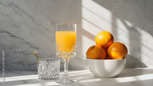 A glass of orange juice sits on a table 
