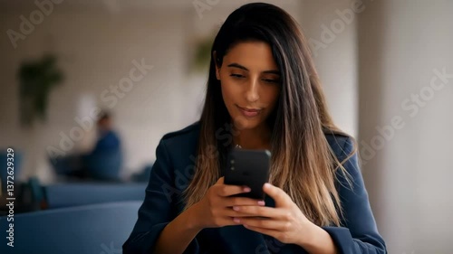 Confident businesswoman using smartphone while sitting in modern office lounge

