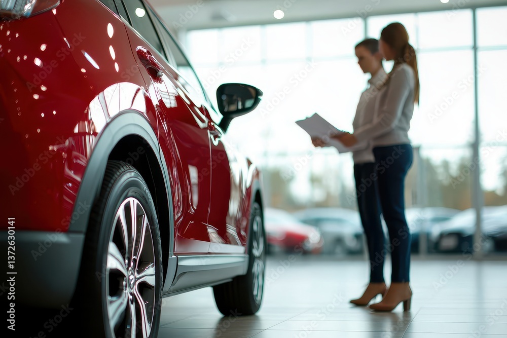 Fototapeta premium Car insurance and policy coverage concept. Two women discussing a red car in a modern showroom.
