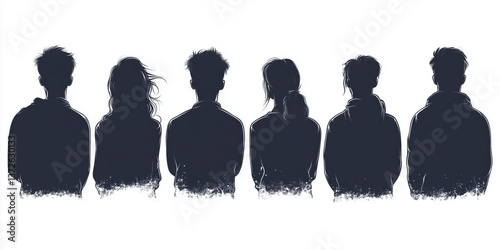 Six young adults standing with their backs turned, facing away