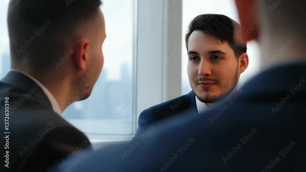 Young businessmen in formal suits having serious discussion in bright office setting
Young businessmen in formal suits having serious discussion in bright office setting