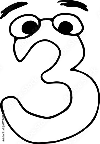 funny number three with eyes and eyebrows looks surprised hand drawn with black lines in grunge style