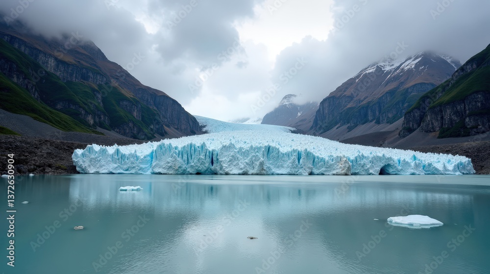 Obraz premium High-quality photo of Lauteraar Glacier, Switzerland, at midday with cloudy skies, taken from an ordinary perspective, showing the glacier under diffused light and soft shadows.