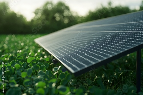 Close up of a solar panel array in a green field, highlighting renewable energy and sustainability