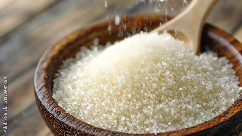 Natural sugar pours from a wooden spoon into a rustic bowl on a wooden table in a cozy kitchen setting during daylight