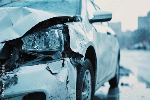 Close up of damaged white car after collision with religious wallpaper featuring jesus christ