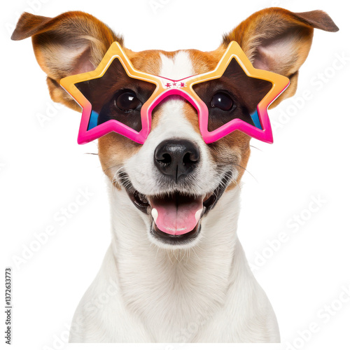 A joyful dog wearing colorful star-shaped sunglasses, showcasing a playful expression.