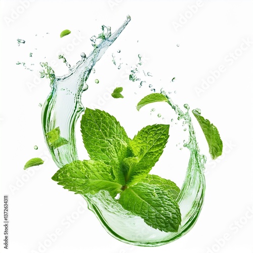 fresh mint in water splash isolated on white background