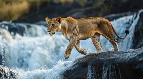 Lioness walking along waterfall nature landscape wildlife photography serene environment close-up perspective