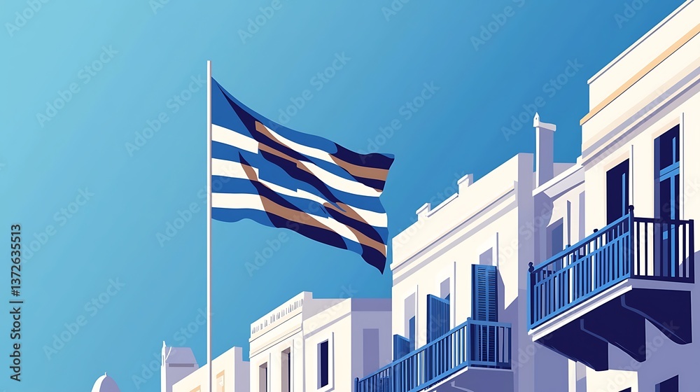 Fototapeta premium Greek island town, flag waving