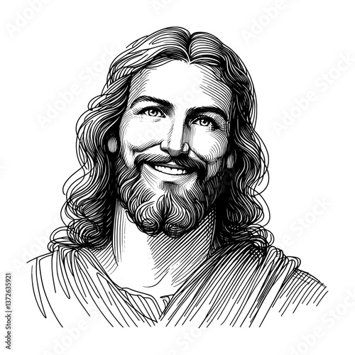 lineart sketch drawing - jesus christ smile and happy face (artwork 2)