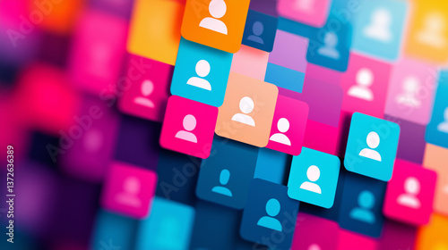 Abstract illustration of colorful position icons representing users in digital environment, conveying connectivity and interaction