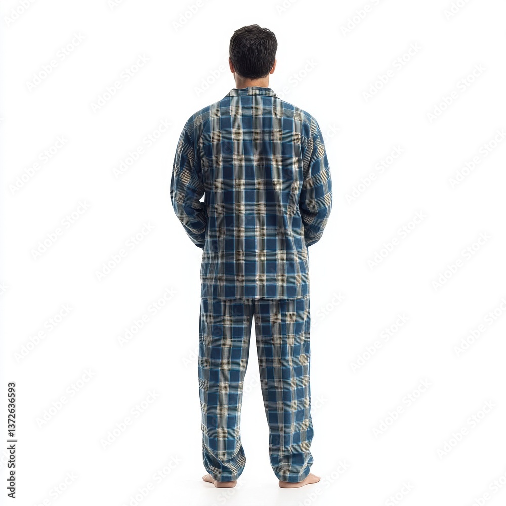 Casual man dressed in blue and green plaid pajamas seen from the back against a plain white background for relaxation Casual man dressed in blue and green plaid pajamas seen from the back against a plain white background for relaxation