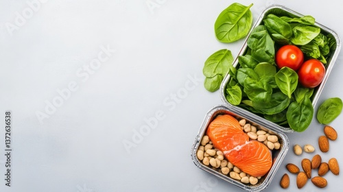 Healthy meal prep containers with salmon spinach and almonds photo