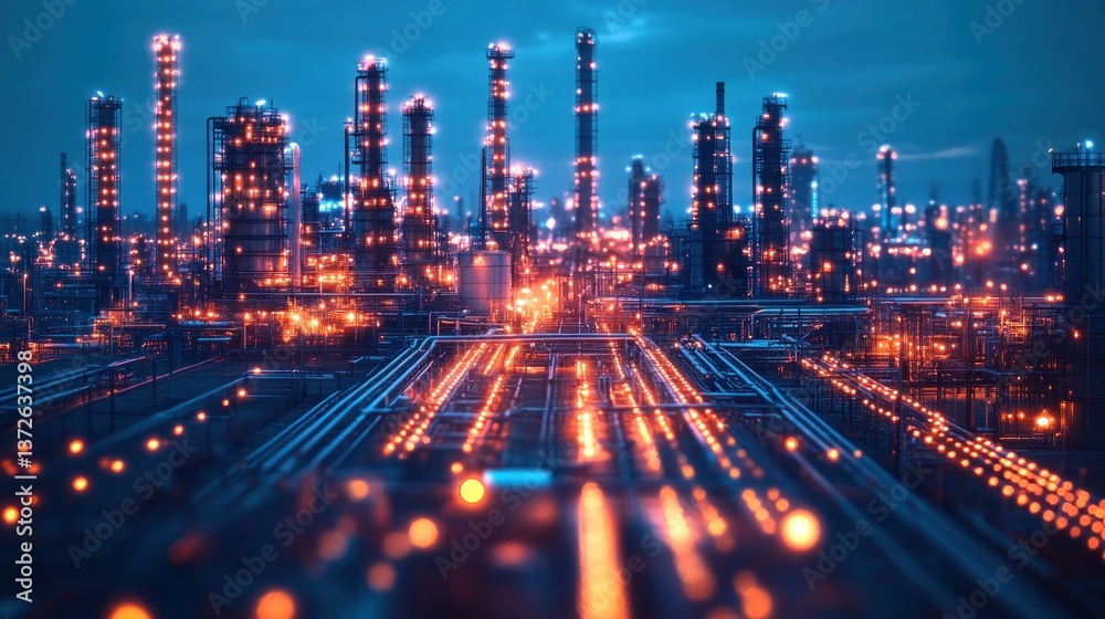 Fototapeta premium Industrial complex at night, illuminated refinery, pipes, glowing lights