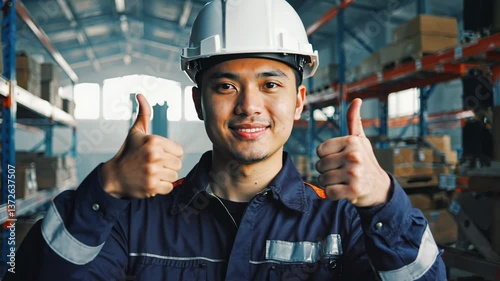 A confident factory worker wearing a white hard hat and uniform gives two thumbs-up gestures, showcasing enthusiasm and satisfaction.