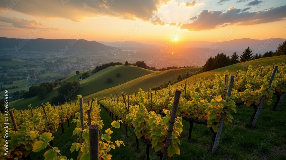 Naklejka premium Detailed, high-quality photo of Lavaux Vineyards in Switzerland during dusk, with sunny weather and hills without structures, captured from an ordinary perspective.