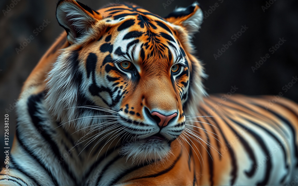 Fototapeta premium Majestic tiger portrait, showcasing its striking orange and black stripes, intense gaze, and powerful presence. A glimpse into the wild beauty of this big cat.