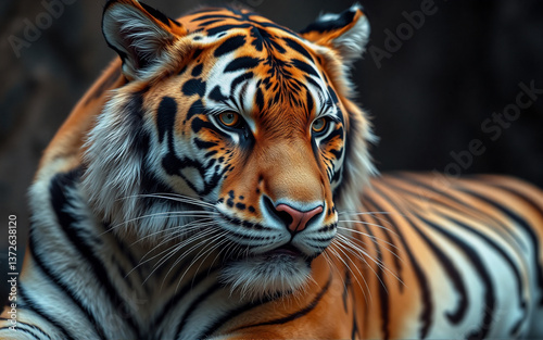 Majestic tiger portrait, showcasing its striking orange and black stripes, intense gaze, and powerful presence.  A glimpse into the wild beauty of this big cat.