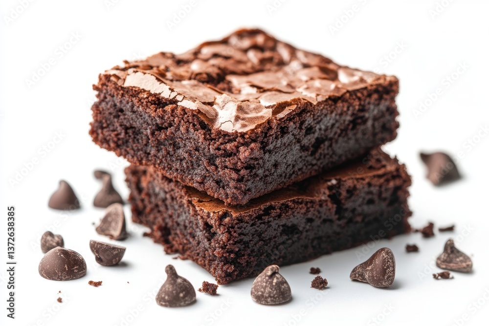 Decadent Stack of Chocolate Brownies with Scattered Chips on White Background a Sweet Treat Delightful Dessert Baked Goodness Perfect for Stock Photography Decadent Stack of Chocolate Brownies with Scattered Chips on White Background a Sweet Treat Delightful Dessert Baked Goodness Perfect for Stock Photography