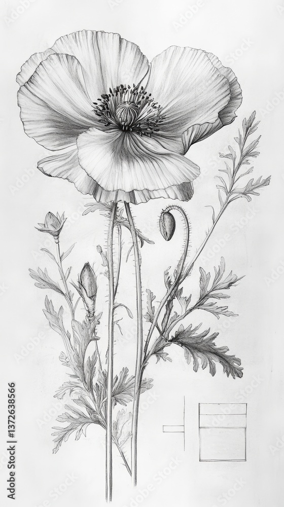 Fototapeta premium Poppy flower illustration showcasing delicate petals and intricate details, emphasizing natural beauty and botanical art, floral design concept