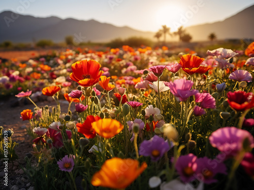 Desert spring blooming with wildflowers creating a carpet of colors briefly exploding with life