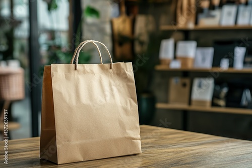 Brown paper bag on a wooden table in a cafe setting, suggestive of take-out or purchased goods.
