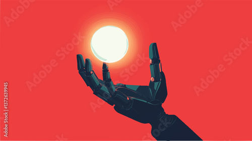 Vector Robotic Arm Holding a Glowing Orb Against a Bright Red Background, Ai concept