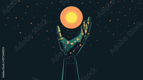 Vector Cybernetic Hand Reaching for a Pulsating Orb in a Cosmic Setting, Ai Concept
