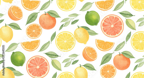 A seamless pattern featuring watercolor illustrations of various citrus fruits, including oranges, lemons, limes, and grapefruits, along with green leaves.