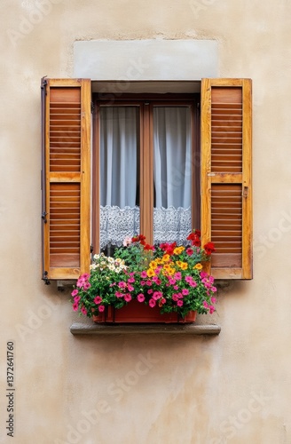 Charming window adorned with flower box against an italian wall showcasing rustic beauty and old-world architecture