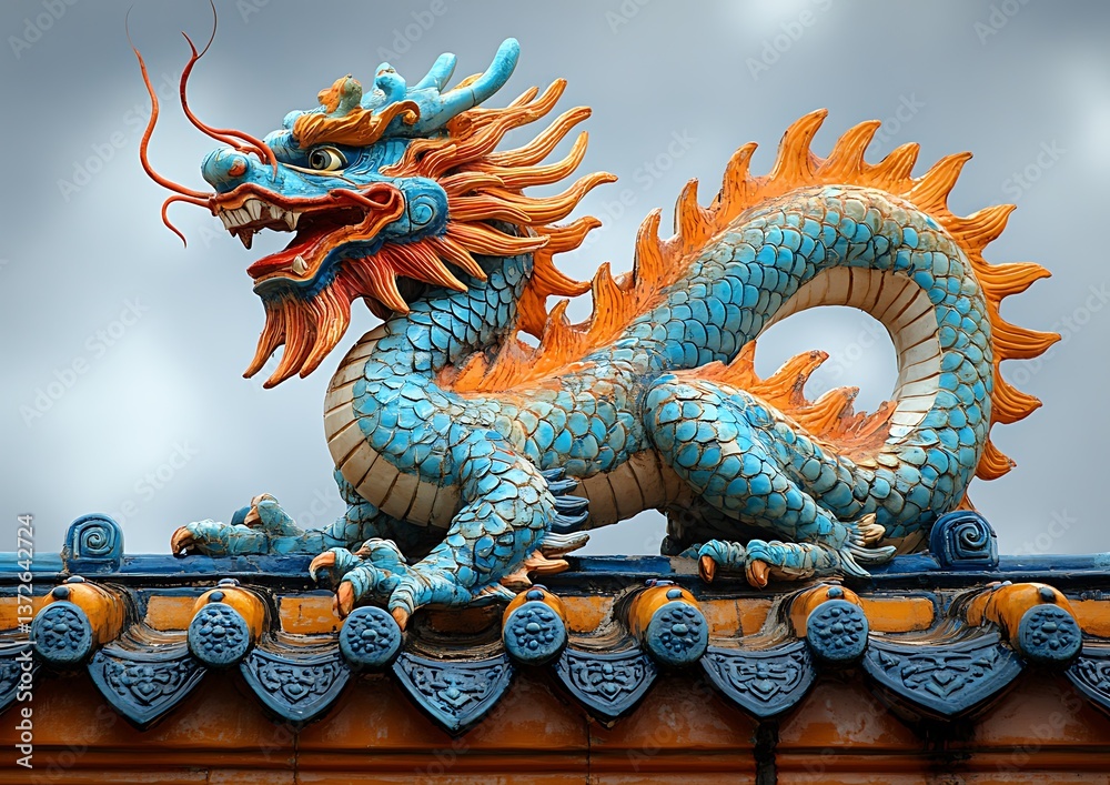 Obraz premium Dragon statue on temple roof