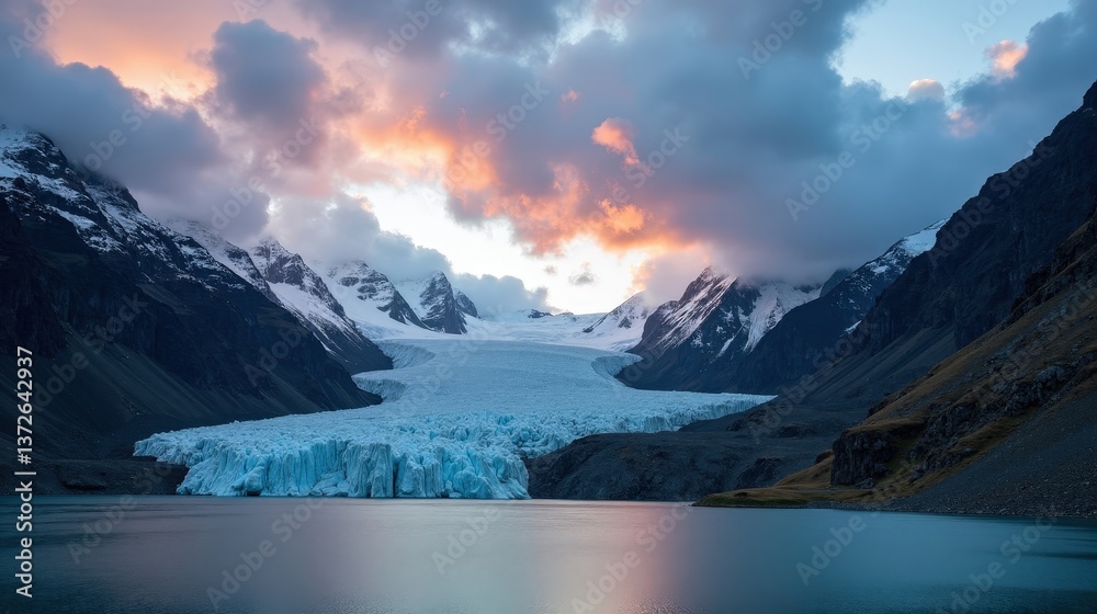Fototapeta premium High-quality photo of Lauteraar Glacier, Switzerland, at dusk with cloudy skies, taken from an ordinary perspective, highlighting the dramatic atmosphere and fading light.