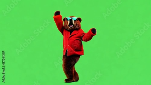 Cool brown bear dancing wearing a red suit and sunglasses dances against a vibrant green screen