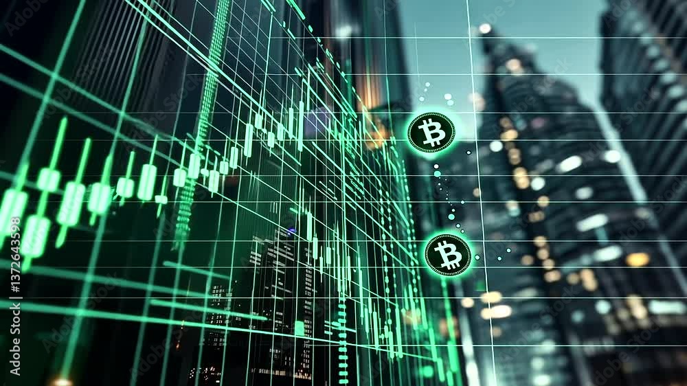A digital asset value chart projected in mid-air, glowing green upward lines with luminous cryptocurrency logos like Bitcoin, Ethereum, and Solana orbiting, futuristic skyscrapers