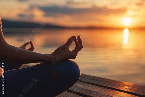 Practicing Yoga Meditation at Sunset by the Lake for Serenity