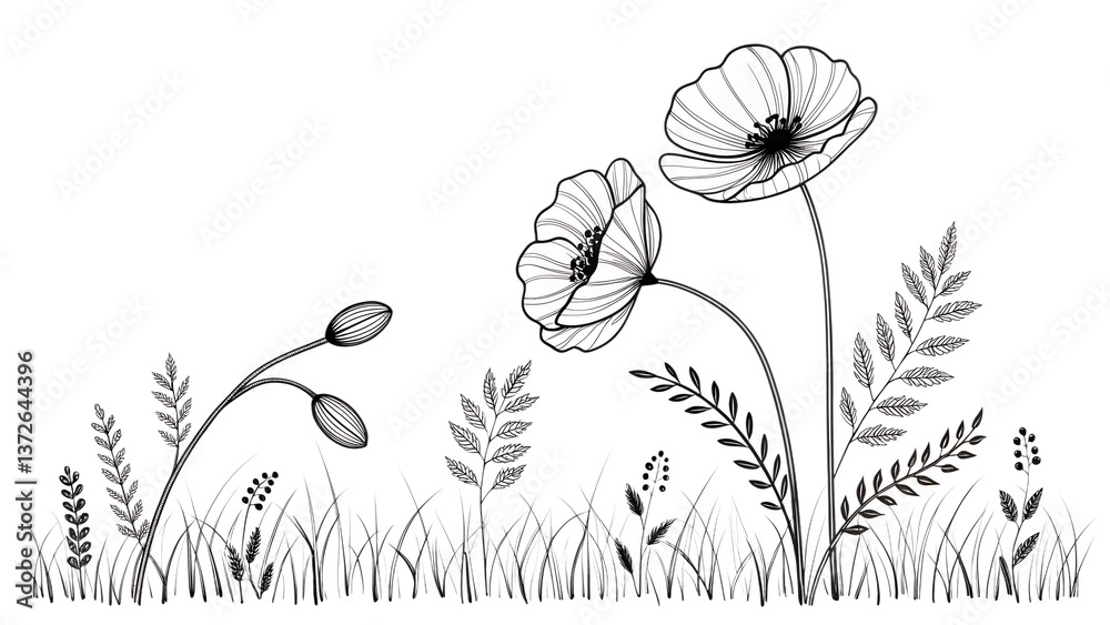 Naklejka premium Poppy flowers in continuous line art drawing style 