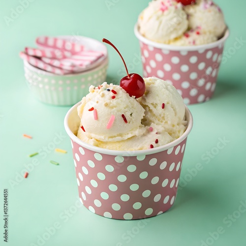 Vanilla ice cream with cherry and sprinkles in a pink polka dot cup
