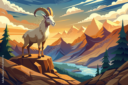 A majestic mountain goat standing proudly on a rocky cliff, gazing over the rugged landscape