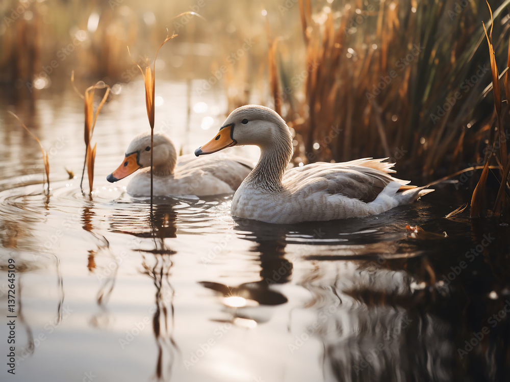 Obraz premium Farm pond reflecting calm water with ducks swimming quietly supporting life and providing peace