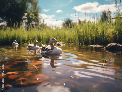 Farm pond reflecting peaceful water with ducks swimming steadily supporting life and calm