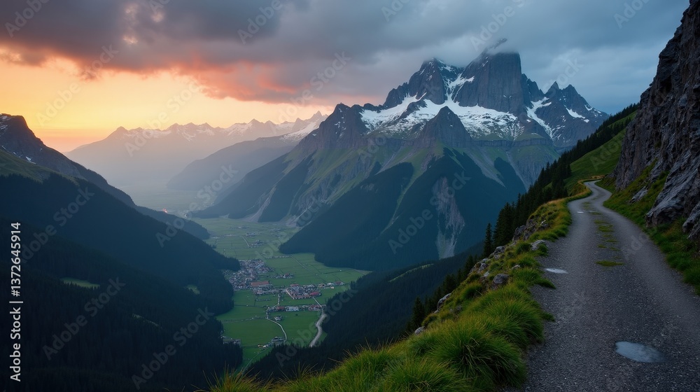 Fototapeta premium A detailed, high-quality professional photo of Mount Pilatus in Switzerland, Europe, at dawn with rainy conditions, shot from a normal perspective, highlighting the dramatic atmosphere.
