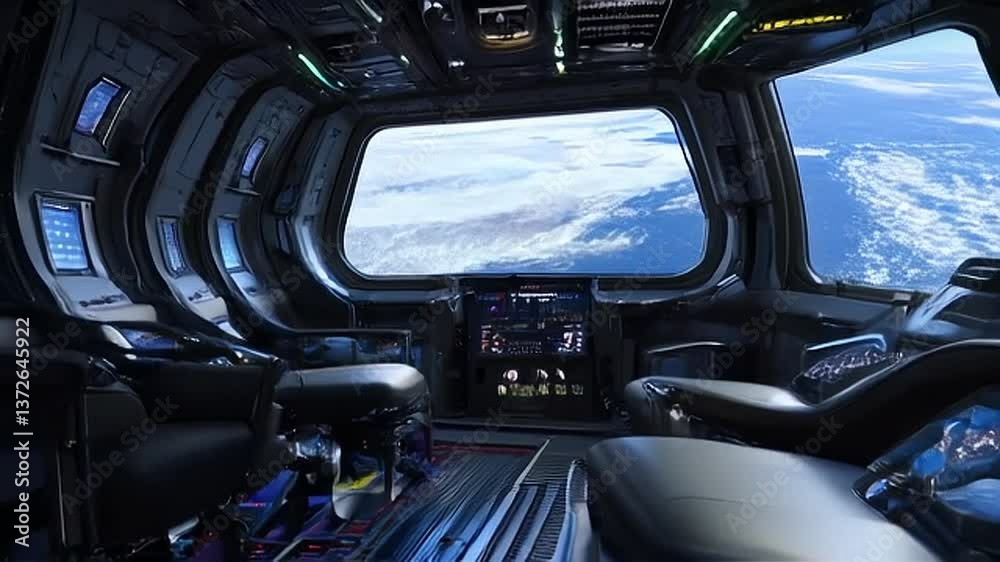 Inside Spaceship Viewing Earth from Window with Futuristic Control Panel Inside Spaceship Viewing Earth from Window with Futuristic Control Panel