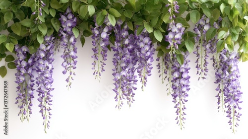 Cascading wisteria blooms and verdant foliage against a pristine white backdrop creating a serene botanical composition with a soft natural light