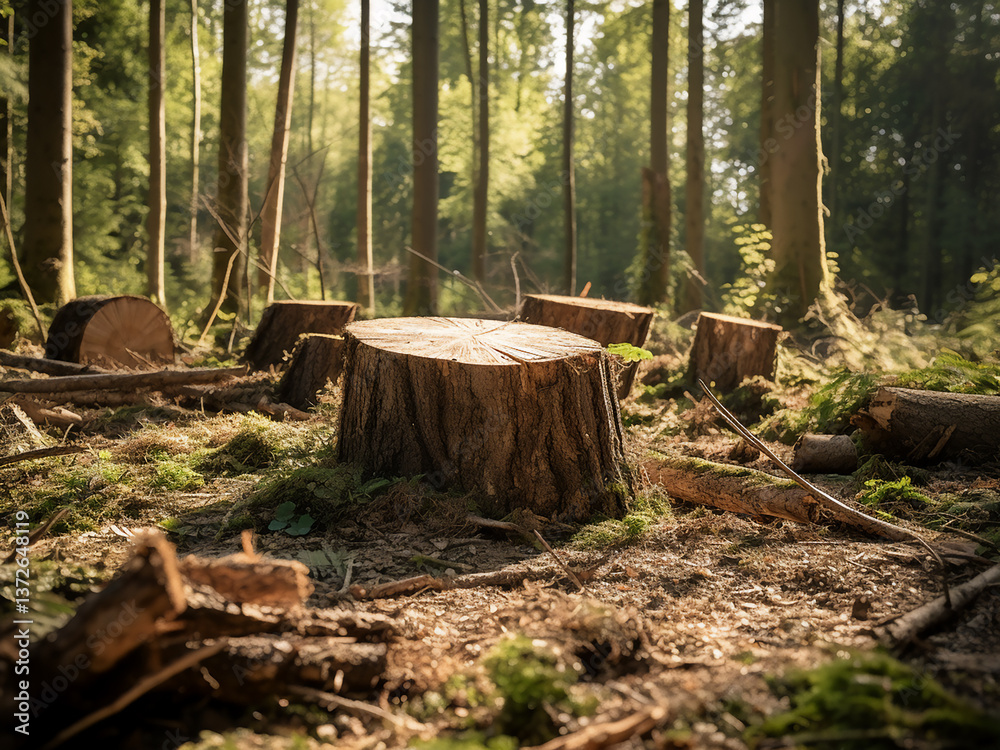 Stark stumps dotting a forest clearcut with brown regrowth starting to reveal green change Stark stumps dotting a forest clearcut with brown regrowth starting to reveal green change
