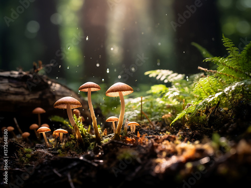 Forest floor teeming with life as mushrooms sprout and fresh moss grows thickly