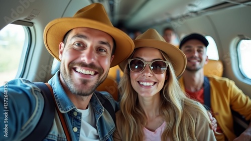 Happy travelers on a small airplane, taking a cheerful selfie during their journey.