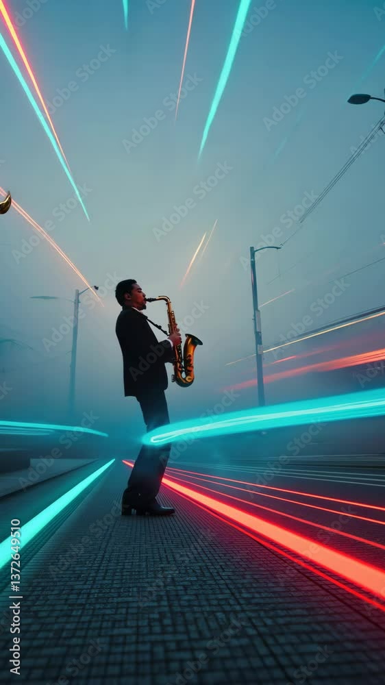 Saxophonist's Passionate Night Performance on a Foggy Street with Streaking Car Lights
