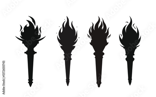 Vector illustration set of abstract symbols featuring fire, flame, eagle, and torch icons in a cartoon style with black silhouettes and decorative elements