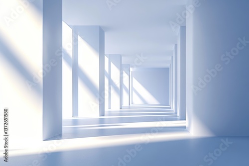 Modern minimalist sunlit white corridor with shadows